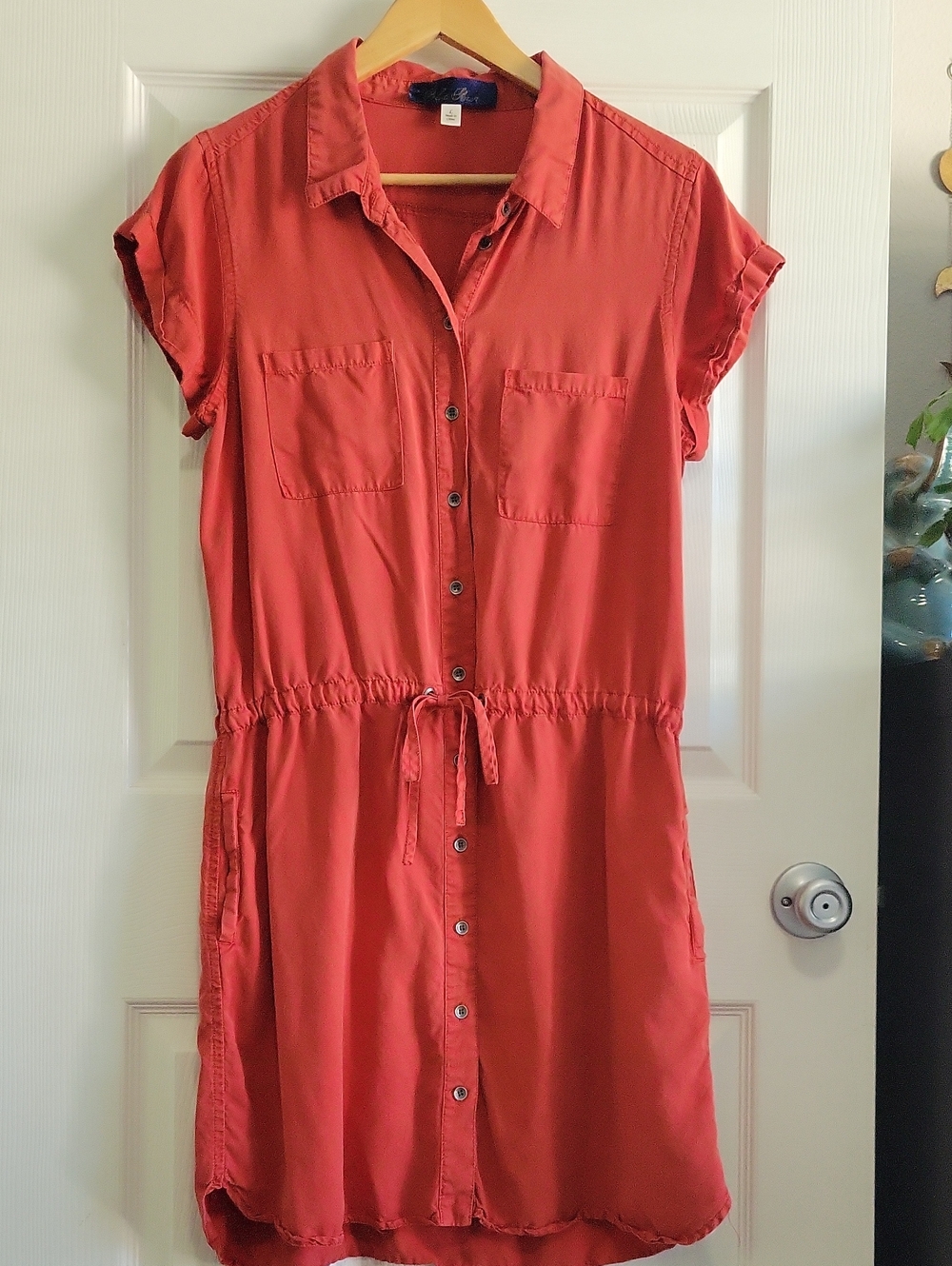 Blue Rain Button-Front Shirt Dress L Brick Drawstring Waist Lightweight EUC